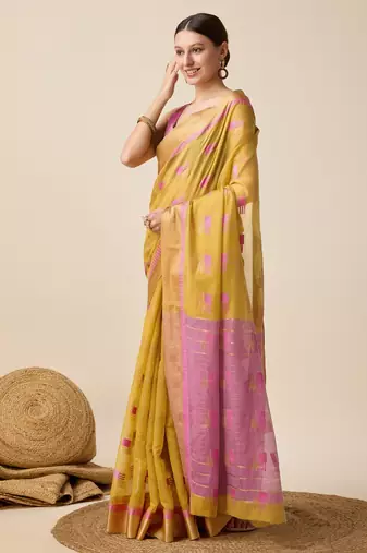 Mustard Woven Kota Doria Cotton Silk saree With Blouse Piece