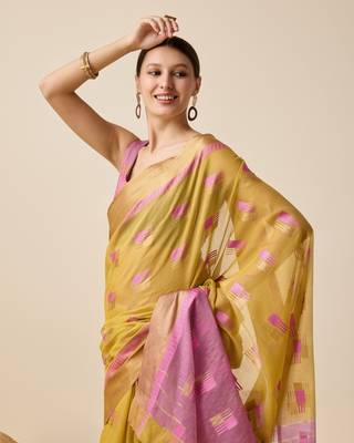 Mustard Woven Kota Doria Cotton Silk saree With Blouse Piece 4