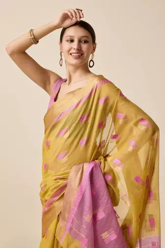 Mustard Woven Kota Doria Cotton Silk saree With Blouse Piece