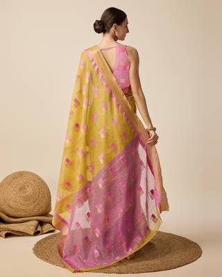 Mustard Woven Kota Doria Cotton Silk saree With Blouse Piece 5