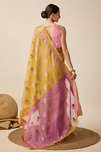 Mustard Woven Kota Doria Cotton Silk saree With Blouse Piece