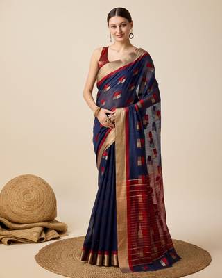 Navy Blue Woven Kota Doria Cotton Silk saree With Blouse Piece 1