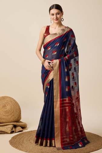 Navy Blue Woven Kota Doria Cotton Silk saree With Blouse Piece
