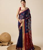 Navy Blue Woven Kota Doria Cotton Silk saree With Blouse Piece