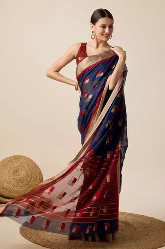 Navy Blue Woven Kota Doria Cotton Silk saree With Blouse Piece