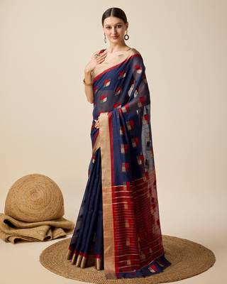 Navy Blue Woven Kota Doria Cotton Silk saree With Blouse Piece 3