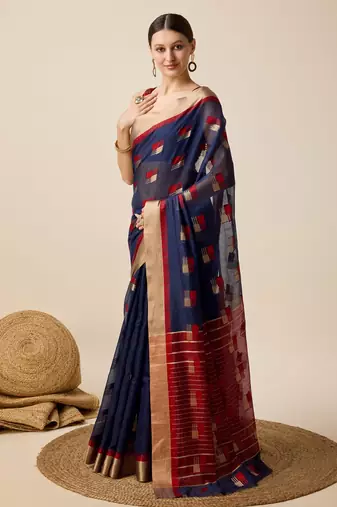 Navy Blue Woven Kota Doria Cotton Silk saree With Blouse Piece