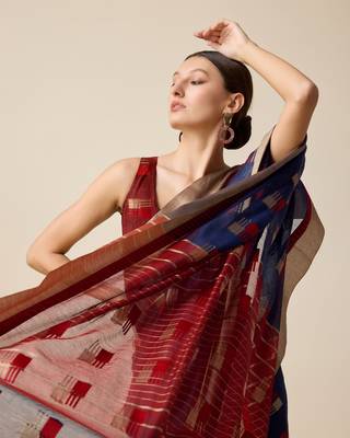 Navy Blue Woven Kota Doria Cotton Silk saree With Blouse Piece 4