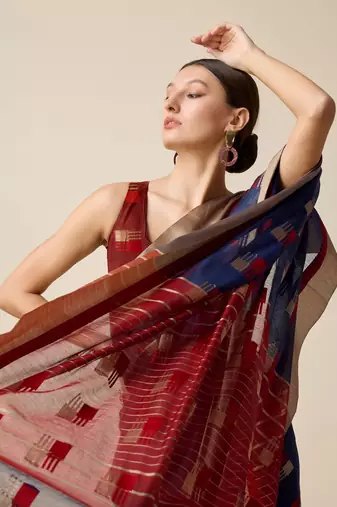 Navy Blue Woven Kota Doria Cotton Silk saree With Blouse Piece