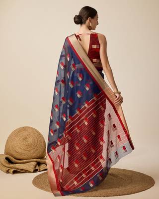 Navy Blue Woven Kota Doria Cotton Silk saree With Blouse Piece 5