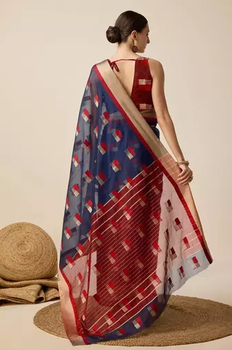 Navy Blue Woven Kota Doria Cotton Silk saree With Blouse Piece