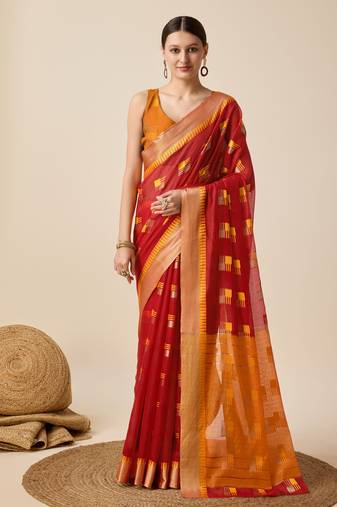 Red Woven Kota Doria Cotton Silk saree With Blouse Piece