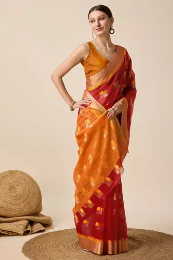 Red Woven Kota Doria Cotton Silk saree With Blouse Piece