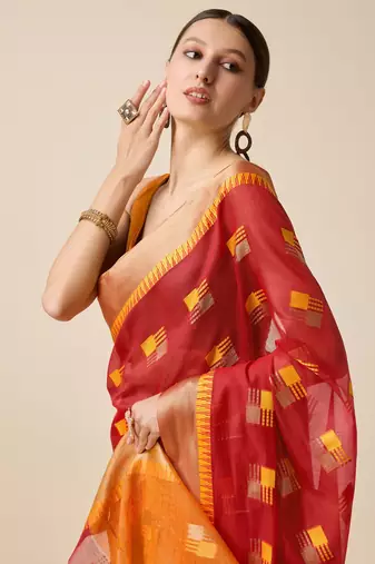Red Woven Kota Doria Cotton Silk saree With Blouse Piece