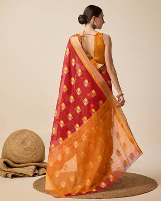 Red Woven Kota Doria Cotton Silk saree With Blouse Piece 5