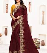 Maroon Resham Zari Embroidery Work Satin Silk Saree