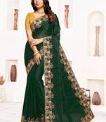 Bottle Green Resham Zari Embroidery Satin Silk Saree