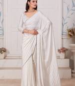 White Embroidered Satin Saree With Blouse Piece