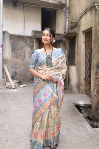 Blue Soft Tussar Silk Printed Saree Festive Wear