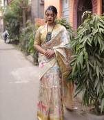 Yellow Soft Tussar Silk Printed Saree Festive Wear
