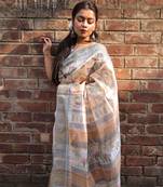 Grey Soft Tussar Silk Printed Saree Festive Wear