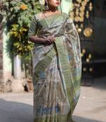 Green Soft Tussar Silk Printed Saree Festive Wear