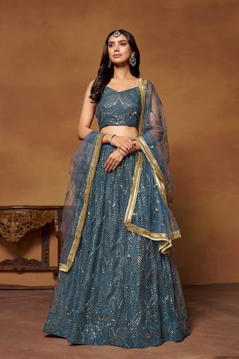 Blue Net Embroidered Lehenga Choli For Women 