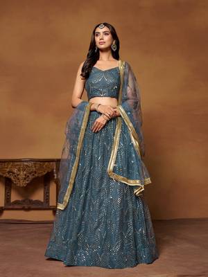 Blue Net Embroidered Lehenga Choli For Women  1