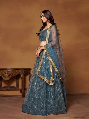 Blue Net Embroidered Lehenga Choli For Women  2