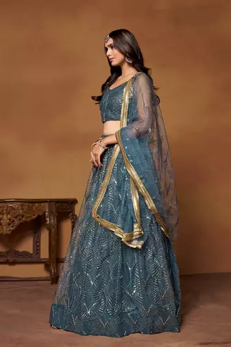 Blue Net Embroidered Lehenga Choli For Women 