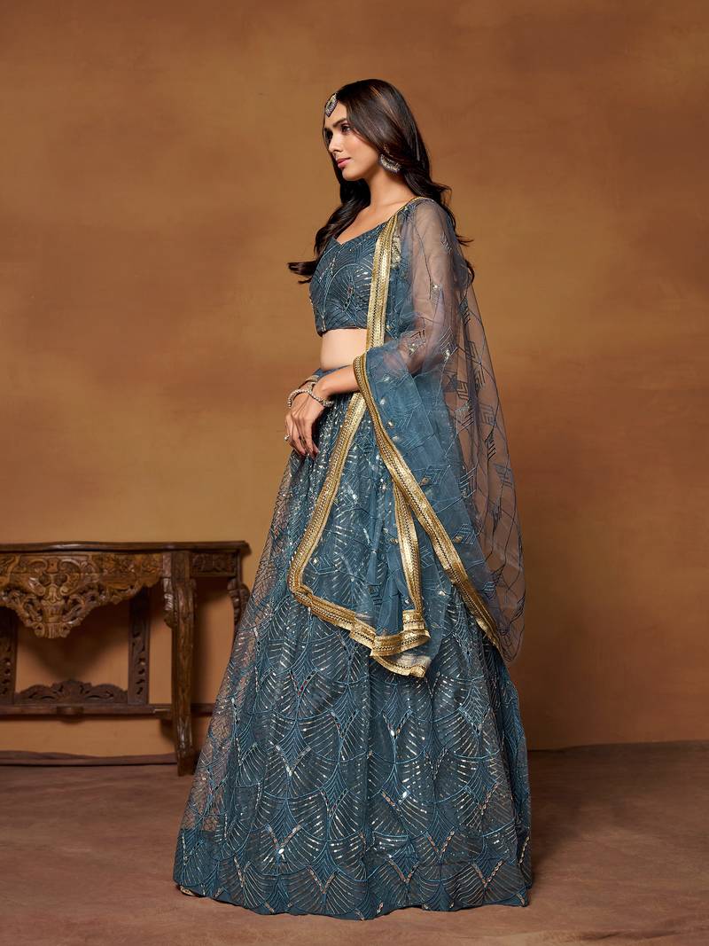 Blue Net Embroidered Lehenga Choli For Women 