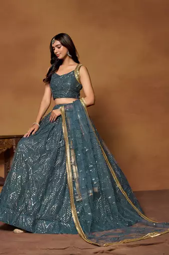 Blue Net Embroidered Lehenga Choli For Women 