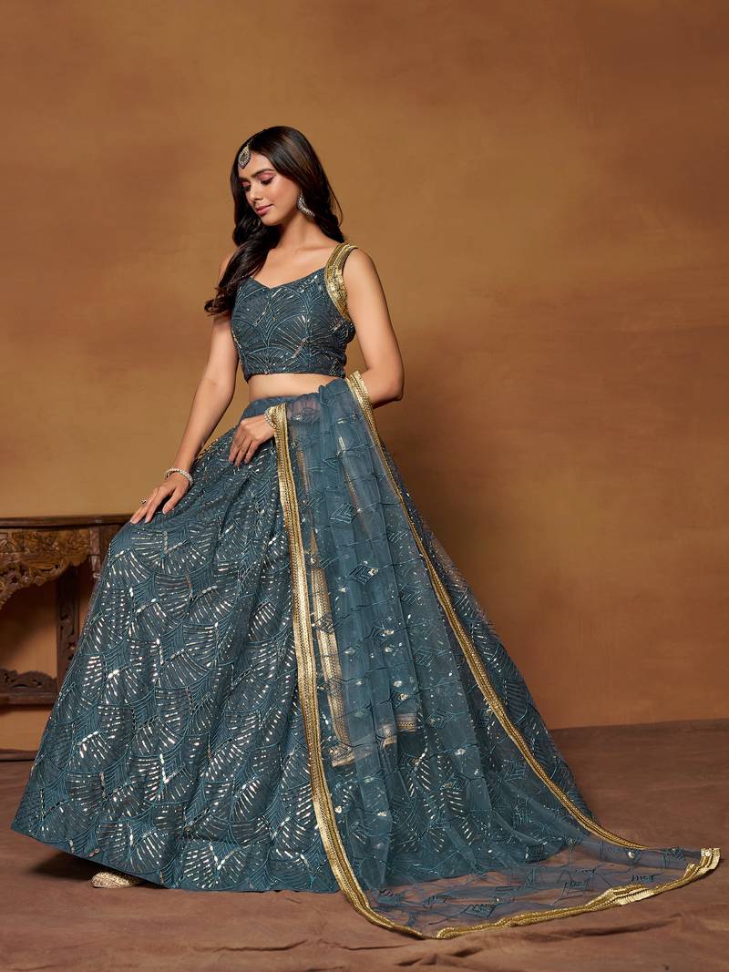 Blue Net Embroidered Lehenga Choli For Women 
