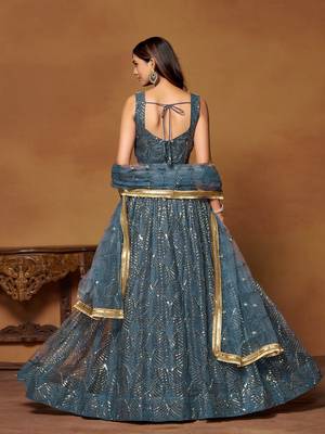 Blue Net Embroidered Lehenga Choli For Women  5