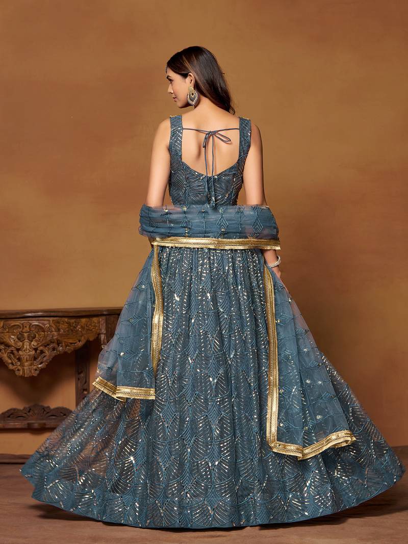 Blue Net Embroidered Lehenga Choli For Women 