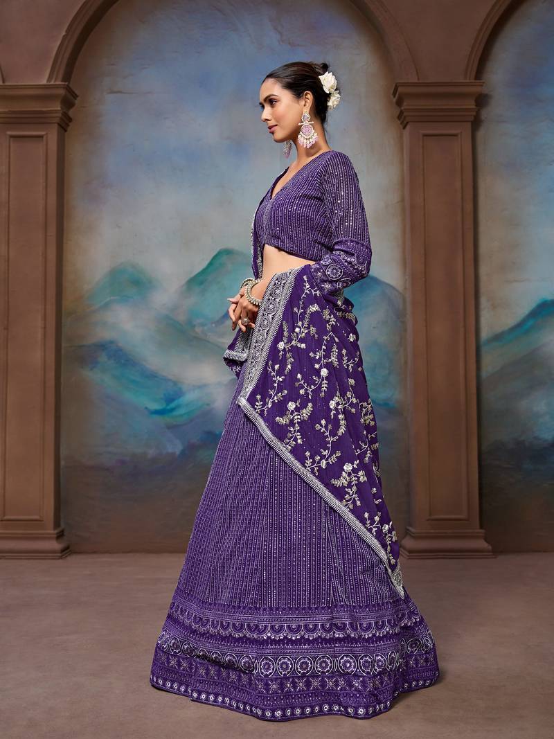Amazing Purple Sequins Embroidery Work Lehenga Choli For Women 