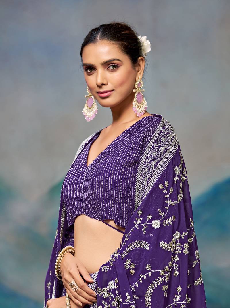 Amazing Purple Sequins Embroidery Work Lehenga Choli For Women 