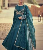 Aqua green georgette embroidery designer gown