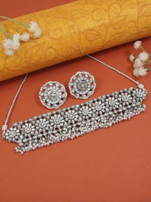 ethnic silver plated traditional floral kundan pearl hanging choker necklace jewellery with earrings set 1