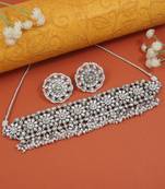ethnic silver plated traditional floral kundan pearl hanging choker necklace jewellery with earrings set
