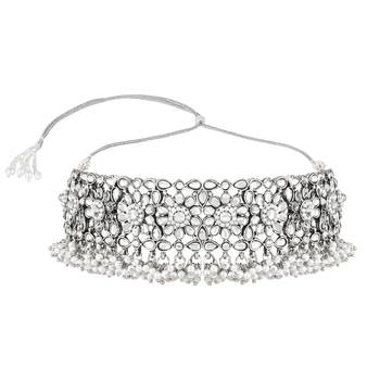 ethnic silver plated traditional floral kundan pearl hanging choker necklace jewellery with earrings set 2