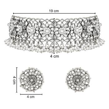 ethnic silver plated traditional floral kundan pearl hanging choker necklace jewellery with earrings set 5