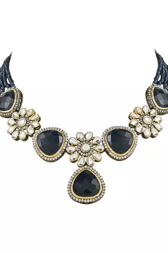 traditional kundan & stone onyx crystal beads necklace jewellery set for women 
