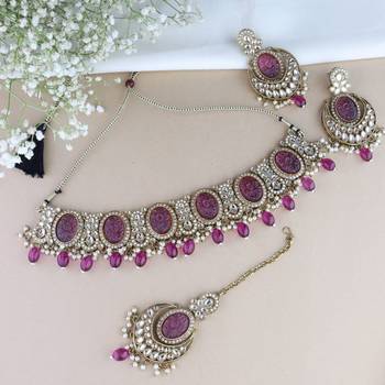 traditional red pearl kundan & stone studded jewellery necklace set with maang tikka for women  1
