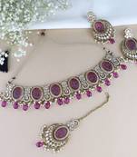 traditional red pearl kundan & stone studded jewellery necklace set with maang tikka for women 