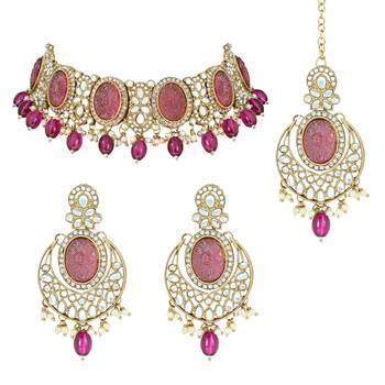 traditional red pearl kundan & stone studded jewellery necklace set with maang tikka for women  2
