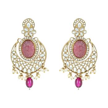 traditional red pearl kundan & stone studded jewellery necklace set with maang tikka for women  3