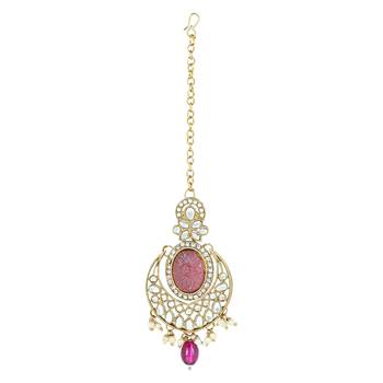 traditional red pearl kundan & stone studded jewellery necklace set with maang tikka for women  4