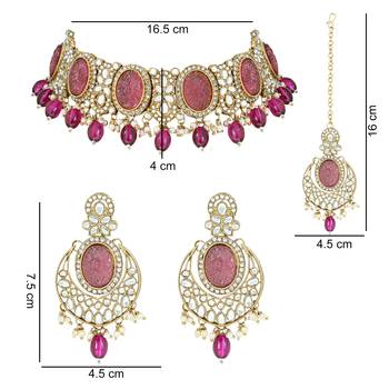 traditional red pearl kundan & stone studded jewellery necklace set with maang tikka for women  5