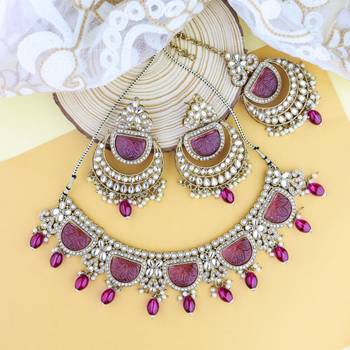traditional pearl kundan & stone studded jewellery necklace set with maang tikka for women  1